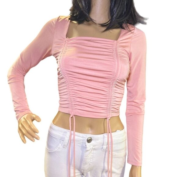 (5 for $25) Long Sleeve Ruched Crop Top in Rose Size Small - Picture 2 of 5